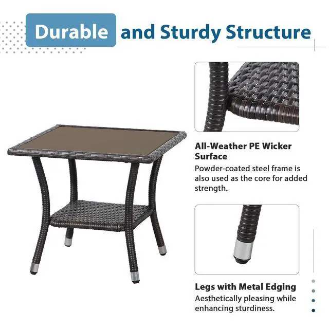 Alt view image 6 of 6 - Outdoor Side Table, 20" Square Wicker End Table, Tempered Glass Top Coffee Table with Storage, Aluminum Frame-Brown