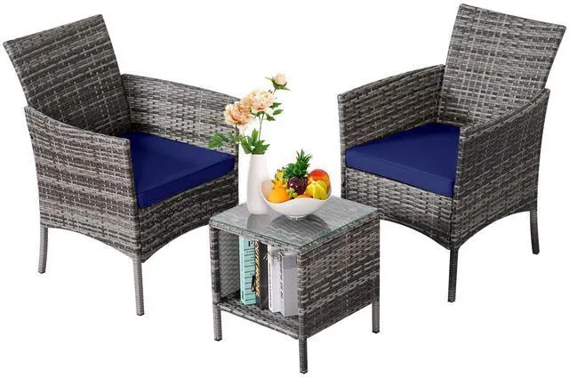 Main image of 3 Pieces Patio Furniture Sets Outdoor PE Rattan Small Patio Furniture Set with Soft Cushion and Glass Coffee Table with Storage for Garden Backyard Porch Poolside WeatherResistantGrey/Darkblue