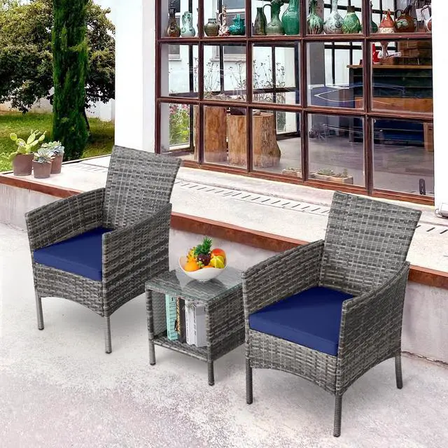 Alt view image 2 of 6 - 3 Pieces Patio Furniture Sets Outdoor PE Rattan Small Patio Furniture Set with Soft Cushion and Glass Coffee Table with Storage for Garden Backyard Porch Poolside WeatherResistantGrey/Darkblue