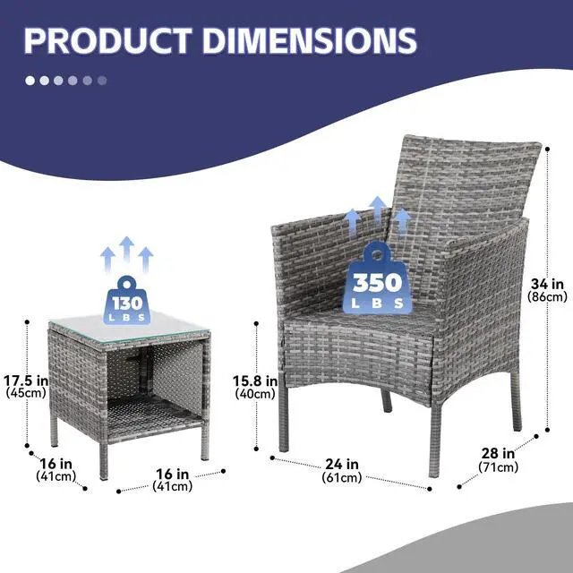Alt view image 3 of 6 - 3 Pieces Patio Furniture Sets Outdoor PE Rattan Small Patio Furniture Set with Soft Cushion and Glass Coffee Table with Storage for Garden Backyard Porch Poolside WeatherResistantGrey/Darkblue