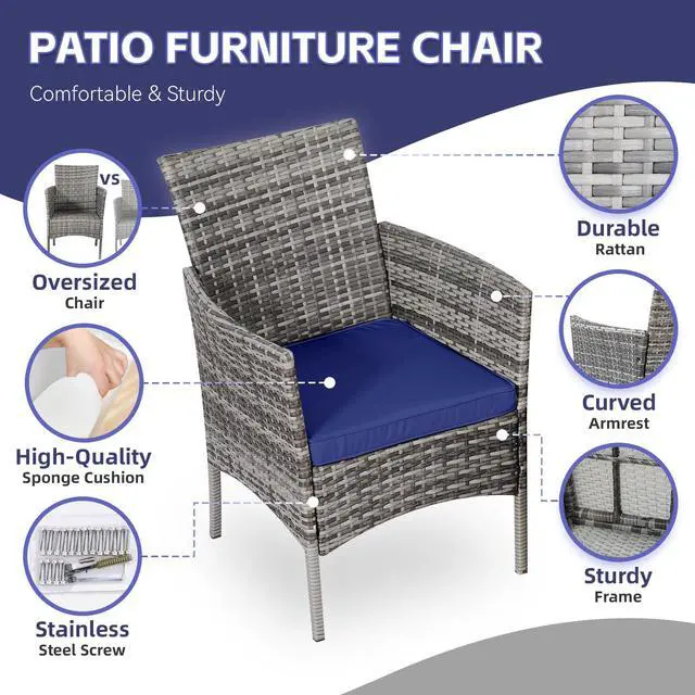 Alt view image 5 of 6 - 3 Pieces Patio Furniture Sets Outdoor PE Rattan Small Patio Furniture Set with Soft Cushion and Glass Coffee Table with Storage for Garden Backyard Porch Poolside WeatherResistantGrey/Darkblue