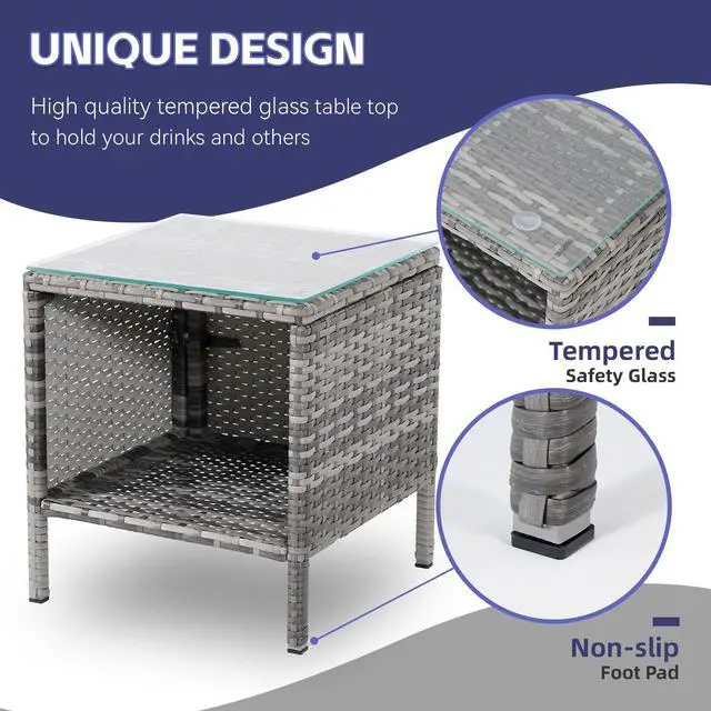 Alt view image 6 of 6 - 3 Pieces Patio Furniture Sets Outdoor PE Rattan Small Patio Furniture Set with Soft Cushion and Glass Coffee Table with Storage for Garden Backyard Porch Poolside WeatherResistantGrey/Darkblue