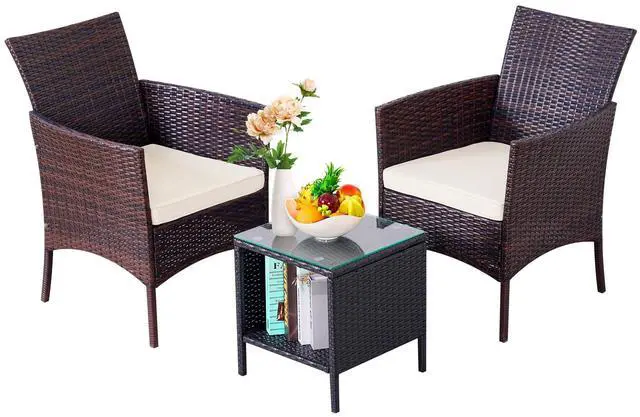 Main image of 3 Pieces Patio Furniture Sets Outdoor PE Rattan Small Patio Furniture Set with Soft Cushion and Glass Coffee Table with Storage for Garden Backyard Porch Weather-Resistant (Brown/Beige-1)