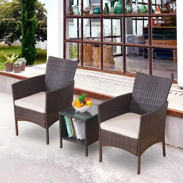 Alt view image 2 of 6 - 3 Pieces Patio Furniture Sets Outdoor PE Rattan Small Patio Furniture Set with Soft Cushion and Glass Coffee Table with Storage for Garden Backyard Porch Weather-Resistant (Brown/Beige-1)
