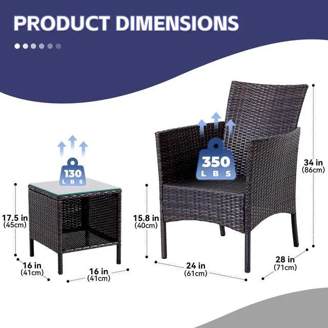 Alt view image 3 of 6 - 3 Pieces Patio Furniture Sets Outdoor PE Rattan Small Patio Furniture Set with Soft Cushion and Glass Coffee Table with Storage for Garden Backyard Porch Weather-Resistant (Brown/Beige-1)