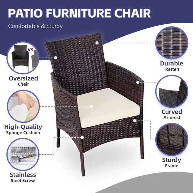 Alt view image 5 of 6 - 3 Pieces Patio Furniture Sets Outdoor PE Rattan Small Patio Furniture Set with Soft Cushion and Glass Coffee Table with Storage for Garden Backyard Porch Weather-Resistant (Brown/Beige-1)