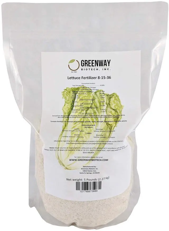 Main image of Lettuce Fertilizer Powder 8-15-36 Plus Trace Minerals and 100% Water Soluble Includes Essential Chelated Micronutrients for Healthy Plants (5 Pounds)