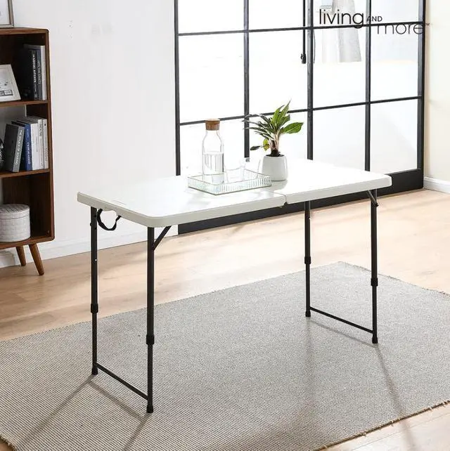Alt view image 2 of 6 - 4 Foot Height Adjustable Fold-in-Half Table with Carrying Handle, Easy Folding and Storage, Indoor Outdoor Use, White, 4ft_Straight Legs