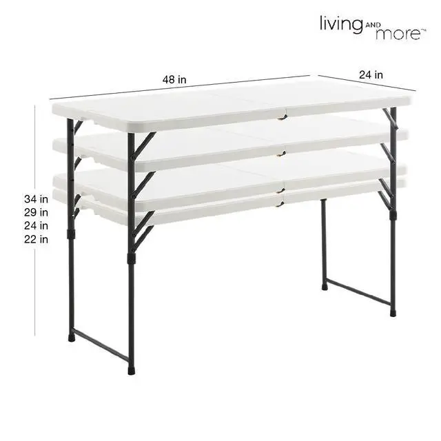 Alt view image 3 of 6 - 4 Foot Height Adjustable Fold-in-Half Table with Carrying Handle, Easy Folding and Storage, Indoor Outdoor Use, White, 4ft_Straight Legs