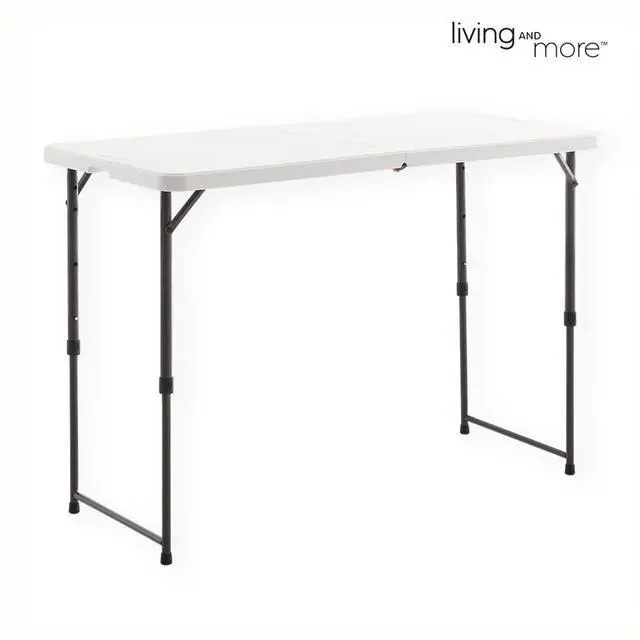 Alt view image 4 of 6 - 4 Foot Height Adjustable Fold-in-Half Table with Carrying Handle, Easy Folding and Storage, Indoor Outdoor Use, White, 4ft_Straight Legs