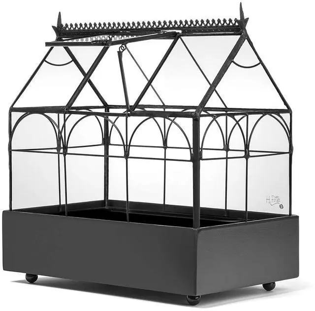 Main image of Glass Terrarium Wardian Case, with Hinged Roof 10.5" Tall | Indoor Tabletop Planter, Metal Base, For Succulents, Ferns, and Moss