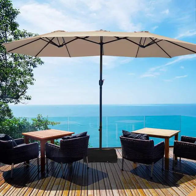Alt view image 2 of 6 - 15 Ft Patio Double Sided Umbrella with Base, Outdoor Extra Large Market Umbrella with Crank Handle, Outdoor Twin Table Umbrella Base Included, Umbrella with Crank and Base