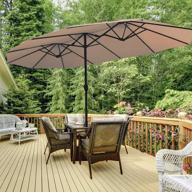 Alt view image 3 of 6 - 15 Ft Patio Double Sided Umbrella with Base, Outdoor Extra Large Market Umbrella with Crank Handle, Outdoor Twin Table Umbrella Base Included, Umbrella with Crank and Base