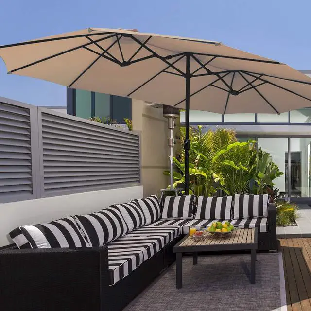 Alt view image 4 of 6 - 15 Ft Patio Double Sided Umbrella with Base, Outdoor Extra Large Market Umbrella with Crank Handle, Outdoor Twin Table Umbrella Base Included, Umbrella with Crank and Base