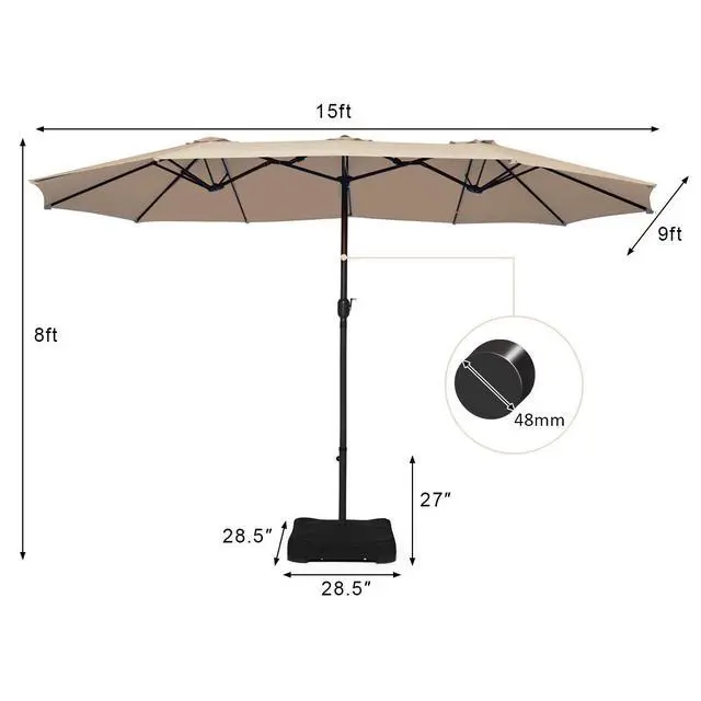 Alt view image 5 of 6 - 15 Ft Patio Double Sided Umbrella with Base, Outdoor Extra Large Market Umbrella with Crank Handle, Outdoor Twin Table Umbrella Base Included, Umbrella with Crank and Base