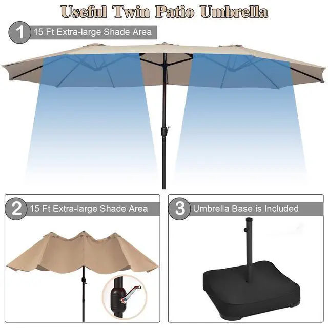 Alt view image 6 of 6 - 15 Ft Patio Double Sided Umbrella with Base, Outdoor Extra Large Market Umbrella with Crank Handle, Outdoor Twin Table Umbrella Base Included, Umbrella with Crank and Base
