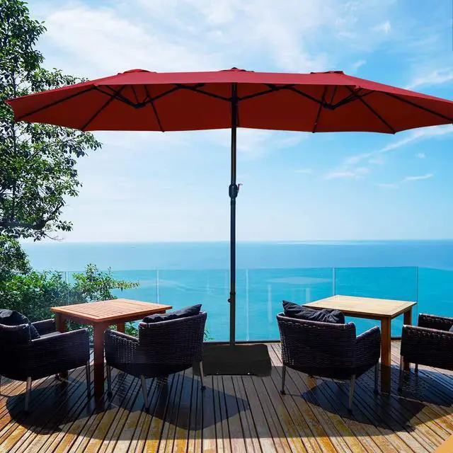 Alt view image 2 of 6 - 15 Ft Patio Double Sided Umbrella with Base, Outdoor Extra Large Market Umbrella with Crank Handle, Outdoor Twin Table Umbrella Base Included, Umbrella with Crank and Base