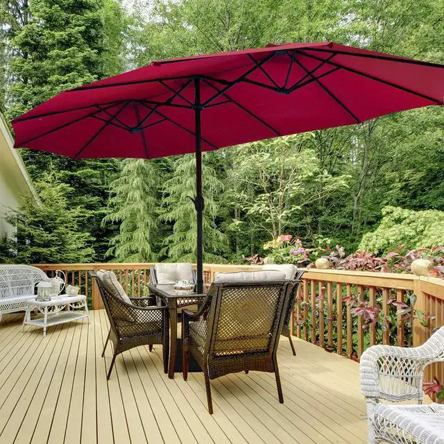 Alt view image 3 of 6 - 15 Ft Patio Double Sided Umbrella with Base, Outdoor Extra Large Market Umbrella with Crank Handle, Outdoor Twin Table Umbrella Base Included, Umbrella with Crank and Base