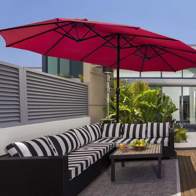 Alt view image 4 of 6 - 15 Ft Patio Double Sided Umbrella with Base, Outdoor Extra Large Market Umbrella with Crank Handle, Outdoor Twin Table Umbrella Base Included, Umbrella with Crank and Base