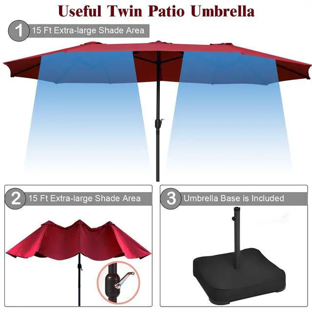 Alt view image 6 of 6 - 15 Ft Patio Double Sided Umbrella with Base, Outdoor Extra Large Market Umbrella with Crank Handle, Outdoor Twin Table Umbrella Base Included, Umbrella with Crank and Base