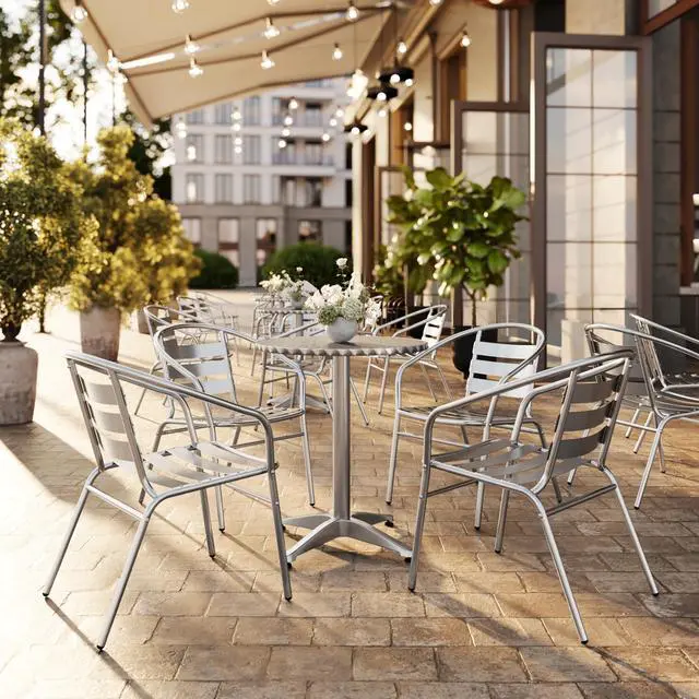 Alt view image 6 of 6 - Lila Commercial Aluminum Indoor-Outdoor Restaurant Stack Chair with Triple Slat Back and Arms