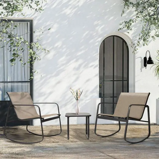Alt view image 2 of 6 - 3 Piece Patio Rocking Chairs Set, Outdoor Conversation Set Modern Bistro Set Textilene Balcony Chair Sets with Coffee Table for Yard and Bistro (Brown)