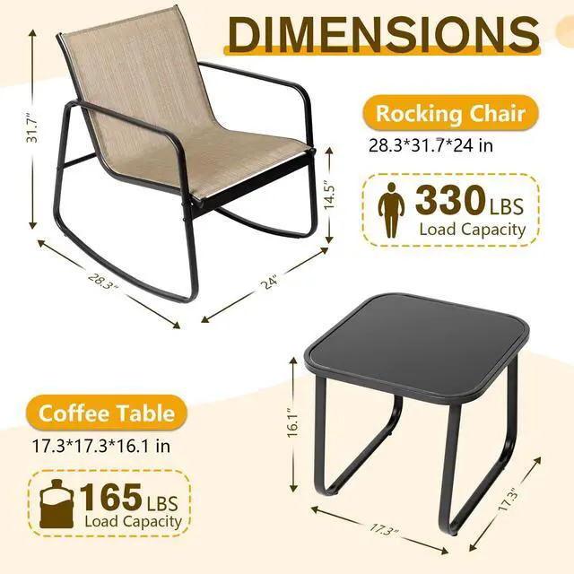 Alt view image 3 of 6 - 3 Piece Patio Rocking Chairs Set, Outdoor Conversation Set Modern Bistro Set Textilene Balcony Chair Sets with Coffee Table for Yard and Bistro (Brown)