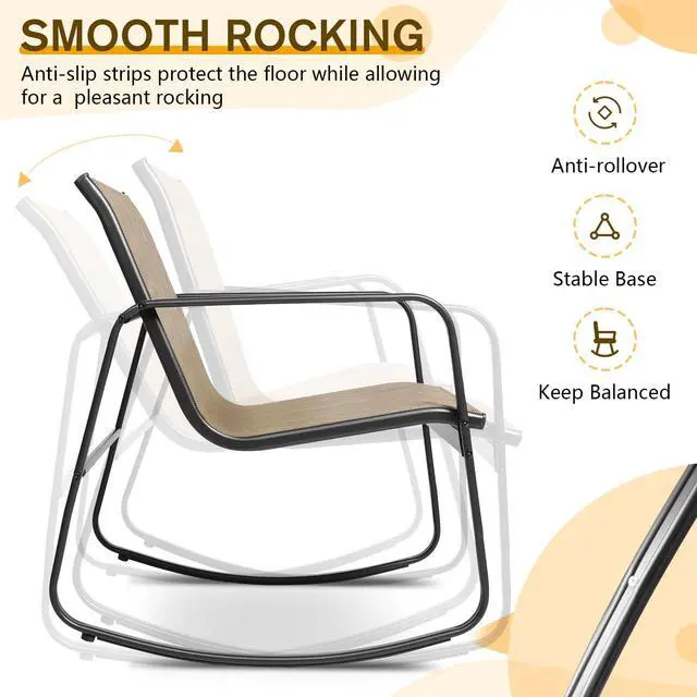 Alt view image 4 of 6 - 3 Piece Patio Rocking Chairs Set, Outdoor Conversation Set Modern Bistro Set Textilene Balcony Chair Sets with Coffee Table for Yard and Bistro (Brown)