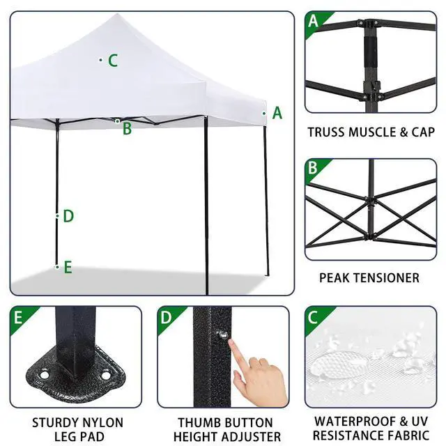 Alt view image 5 of 6 - Canopy Tent, Commercial Instant 10x10 Heavy Duty Canopy, 300D Waterproof Adjustable Canopy with Wheeled Carry Bag, 4 Sandbags and 4 Stakes