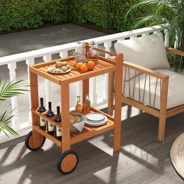 Alt view image 2 of 6 - Wood Bar Cart, Outdoor Indoor 2 Tier Rolling Serving Cart with Wine Bottle Holders and 2 Rubber Wheels, Bar Table Beverage Drink Cart for Kitchen, Patio, Garden and Poolside, Natural