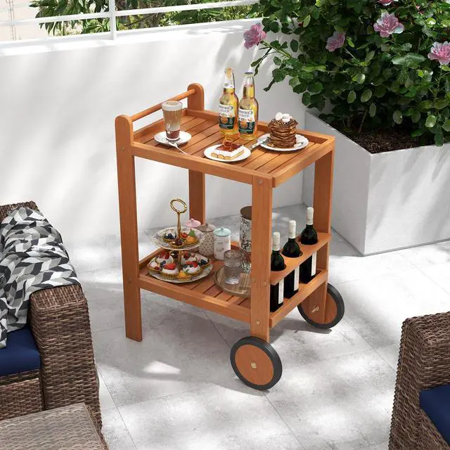 Alt view image 3 of 6 - Wood Bar Cart, Outdoor Indoor 2 Tier Rolling Serving Cart with Wine Bottle Holders and 2 Rubber Wheels, Bar Table Beverage Drink Cart for Kitchen, Patio, Garden and Poolside, Natural