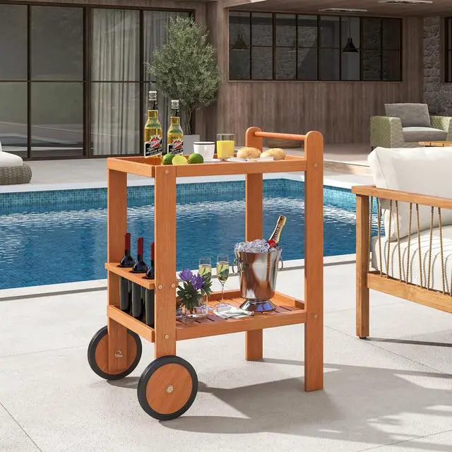 Alt view image 4 of 6 - Wood Bar Cart, Outdoor Indoor 2 Tier Rolling Serving Cart with Wine Bottle Holders and 2 Rubber Wheels, Bar Table Beverage Drink Cart for Kitchen, Patio, Garden and Poolside, Natural