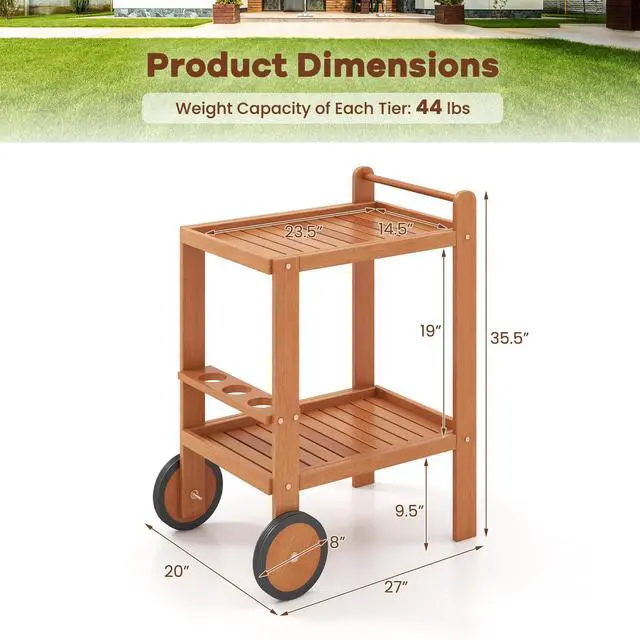 Alt view image 5 of 6 - Wood Bar Cart, Outdoor Indoor 2 Tier Rolling Serving Cart with Wine Bottle Holders and 2 Rubber Wheels, Bar Table Beverage Drink Cart for Kitchen, Patio, Garden and Poolside, Natural