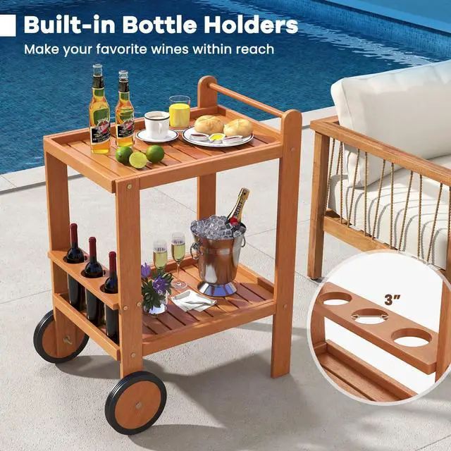 Alt view image 6 of 6 - Wood Bar Cart, Outdoor Indoor 2 Tier Rolling Serving Cart with Wine Bottle Holders and 2 Rubber Wheels, Bar Table Beverage Drink Cart for Kitchen, Patio, Garden and Poolside, Natural