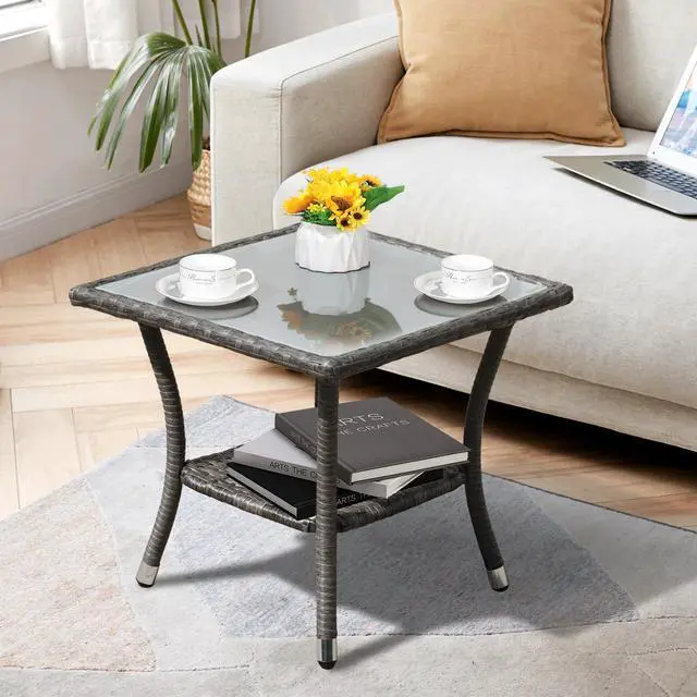 Alt view image 2 of 6 - Outdoor Side Table, 20" Square Wicker End Coffee Table with Tempered Glass Top, Aluminum Frame, Gray