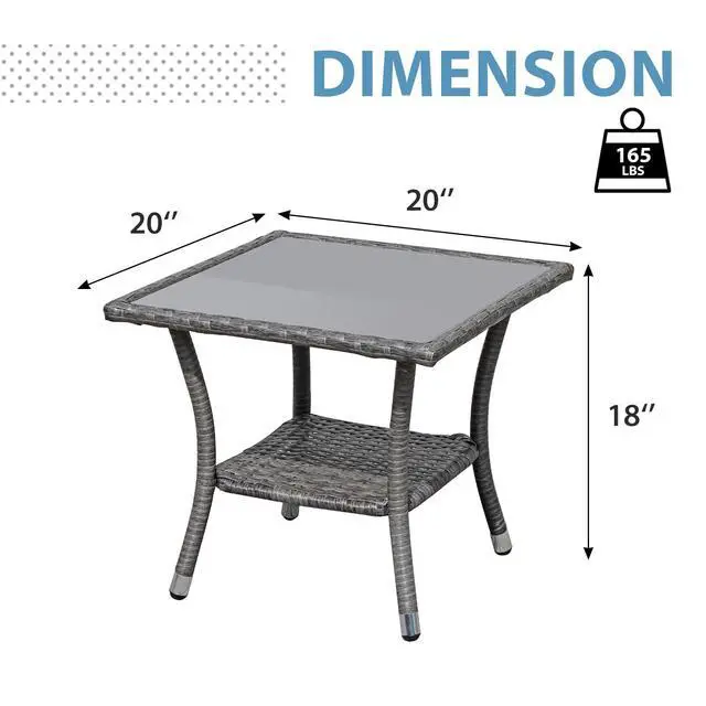 Alt view image 3 of 6 - Outdoor Side Table, 20" Square Wicker End Coffee Table with Tempered Glass Top, Aluminum Frame, Gray