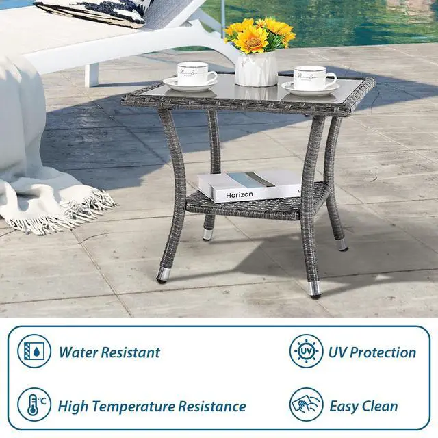 Alt view image 4 of 6 - Outdoor Side Table, 20" Square Wicker End Coffee Table with Tempered Glass Top, Aluminum Frame, Gray