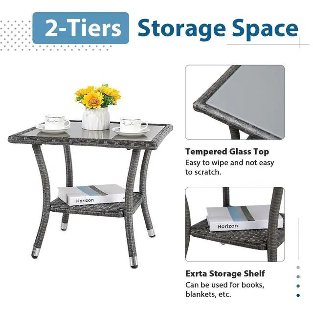 Alt view image 5 of 6 - Outdoor Side Table, 20" Square Wicker End Coffee Table with Tempered Glass Top, Aluminum Frame, Gray