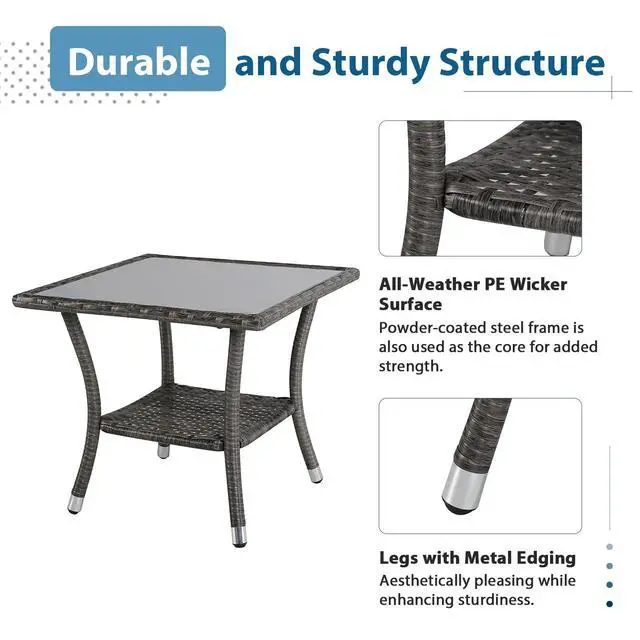 Alt view image 6 of 6 - Outdoor Side Table, 20" Square Wicker End Coffee Table with Tempered Glass Top, Aluminum Frame, Gray