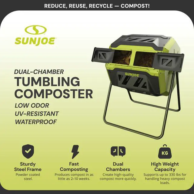Alt view image 2 of 6 - Outdoor Tumbling Composter Bin with 360° Dual Chamber, 2-10 Weeks Compost, 42 Gal - Rotating Composting Tumbler for Home Waste Management and Solution, SJ-CMPS1