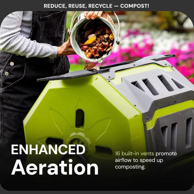 Alt view image 4 of 6 - Outdoor Tumbling Composter Bin with 360° Dual Chamber, 2-10 Weeks Compost, 42 Gal - Rotating Composting Tumbler for Home Waste Management and Solution, SJ-CMPS1