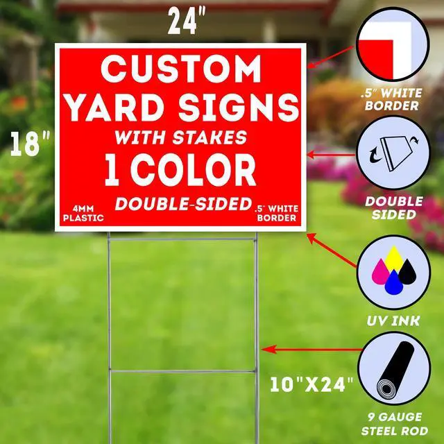 Alt view image 3 of 6 - CUSTOM One Color 15qty 18"x24" Yard Signs + Printed Front & Back + Metal Ground Stakes - Screen Print UV Coated Ink