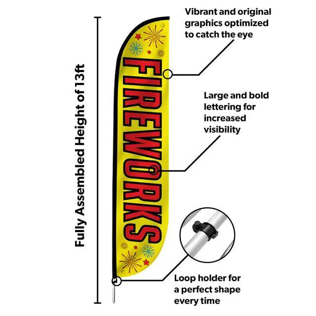 Alt view image 2 of 6 - Feather Flag Set, 12 ft Advertising Flag with Fiberglass Poles and Ground Spike for Business Promotion, Fireworks (Yellow)