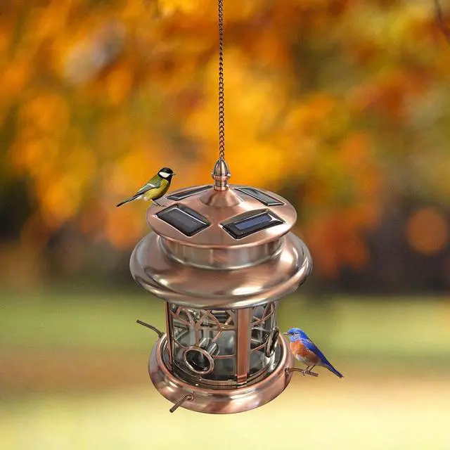 Alt view image 2 of 6 - Solar Bird Feeder for Outdoors Hanging | Waterproof Wild Birdfeeder for Outside Weather Resistant Garden Décor Gift for Bird Lovers - Antique Copper