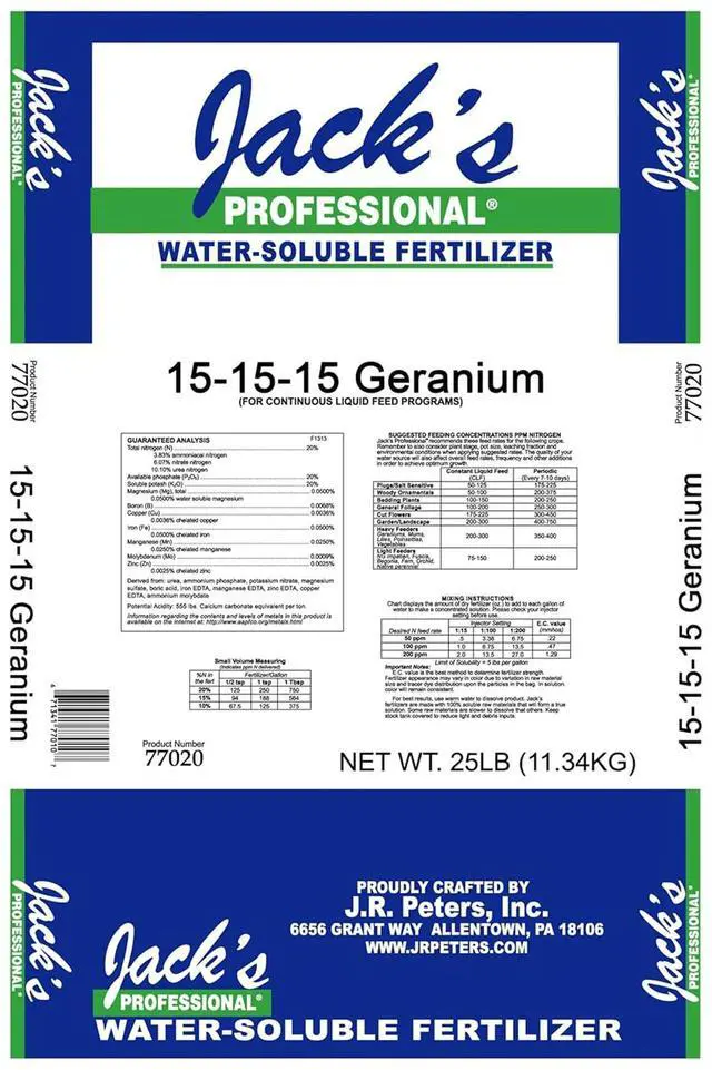 Main image of Jack's Professional 15-15-15 Geranium Water-Soluble Fertilizer with Micronutrients for Root Growth and Bud Set in Geraniums Grown in Continuous Liquid Feed Programs, 25lbs