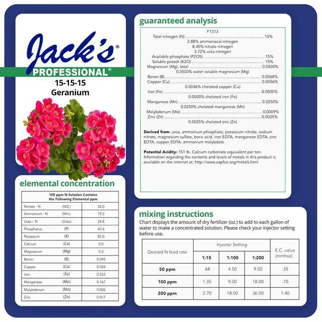 Alt view image 2 of 6 - Jack's Professional 15-15-15 Geranium Water-Soluble Fertilizer with Micronutrients for Root Growth and Bud Set in Geraniums Grown in Continuous Liquid Feed Programs, 25lbs