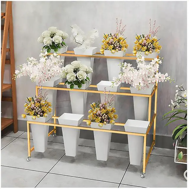 Main image of Flower Display Stand With 12PCS Buckets, 3 Layers Metal Plant Stand with Wheels, Heavy Duty Moving Plant Cart Shelf, for Indoor, Outdoor Patio Garden, Living Room, Florist (White - Square Bucket)