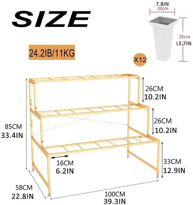 Alt view image 2 of 6 - Flower Display Stand With 12PCS Buckets, 3 Layers Metal Plant Stand with Wheels, Heavy Duty Moving Plant Cart Shelf, for Indoor, Outdoor Patio Garden, Living Room, Florist (White - Square Bucket)
