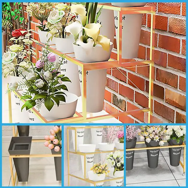 Alt view image 3 of 6 - Flower Display Stand With 12PCS Buckets, 3 Layers Metal Plant Stand with Wheels, Heavy Duty Moving Plant Cart Shelf, for Indoor, Outdoor Patio Garden, Living Room, Florist (White - Square Bucket)