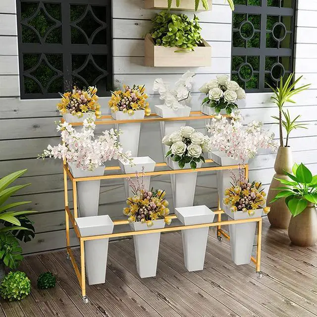 Alt view image 4 of 6 - Flower Display Stand With 12PCS Buckets, 3 Layers Metal Plant Stand with Wheels, Heavy Duty Moving Plant Cart Shelf, for Indoor, Outdoor Patio Garden, Living Room, Florist (White - Square Bucket)